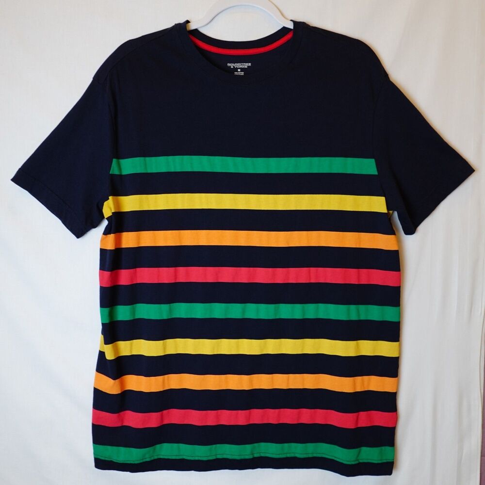 Roundtree & Yorke Women's Shirt Medium Navy Blue Colored Stripes Short Sleeves